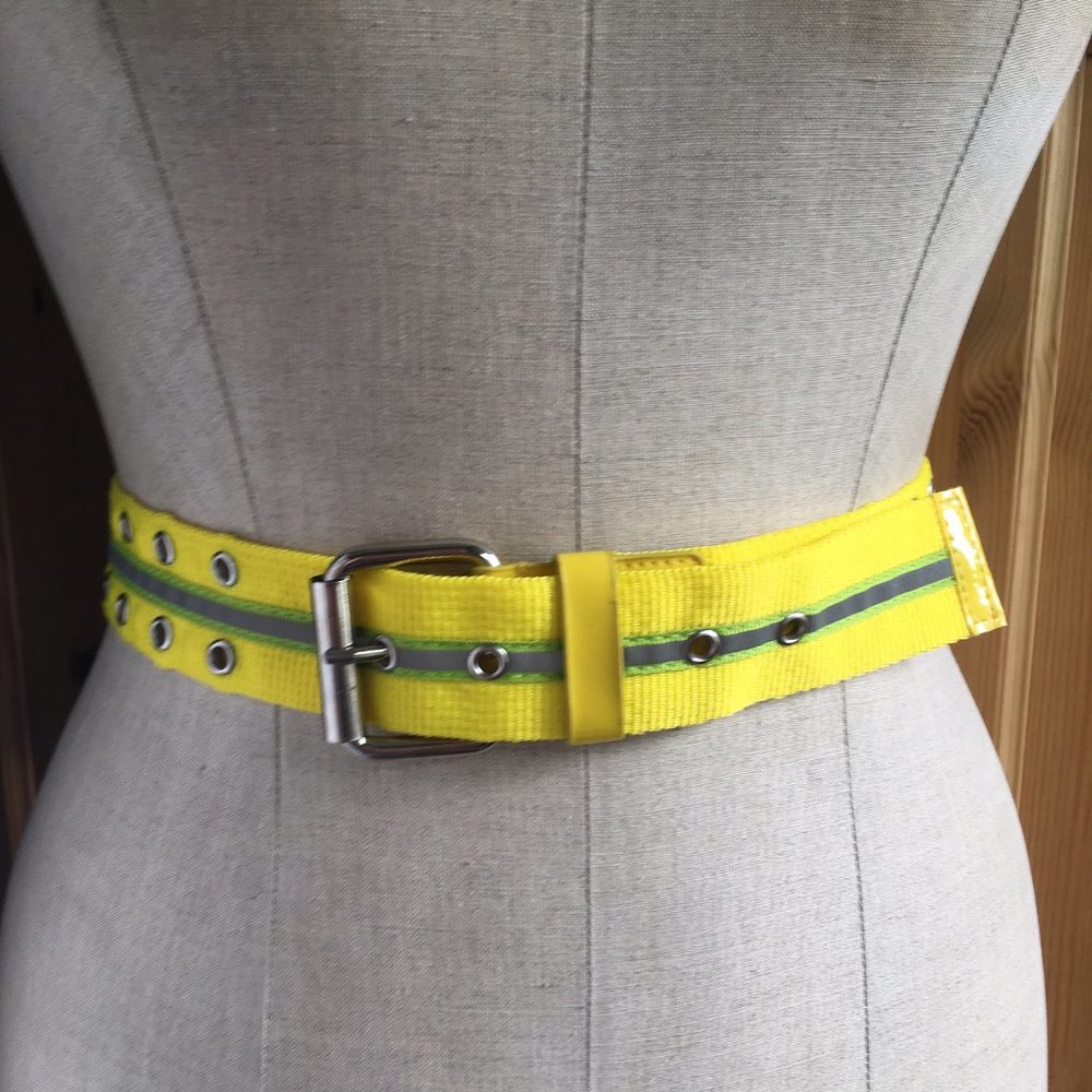 Bright Yellow and Green Striped Nylon Belt with Silver Buckle Size L